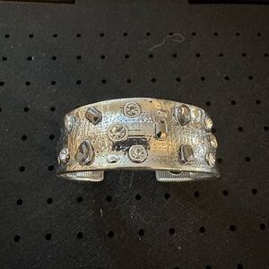 Silver Textured Cuff Bracelet with Crystal Accents